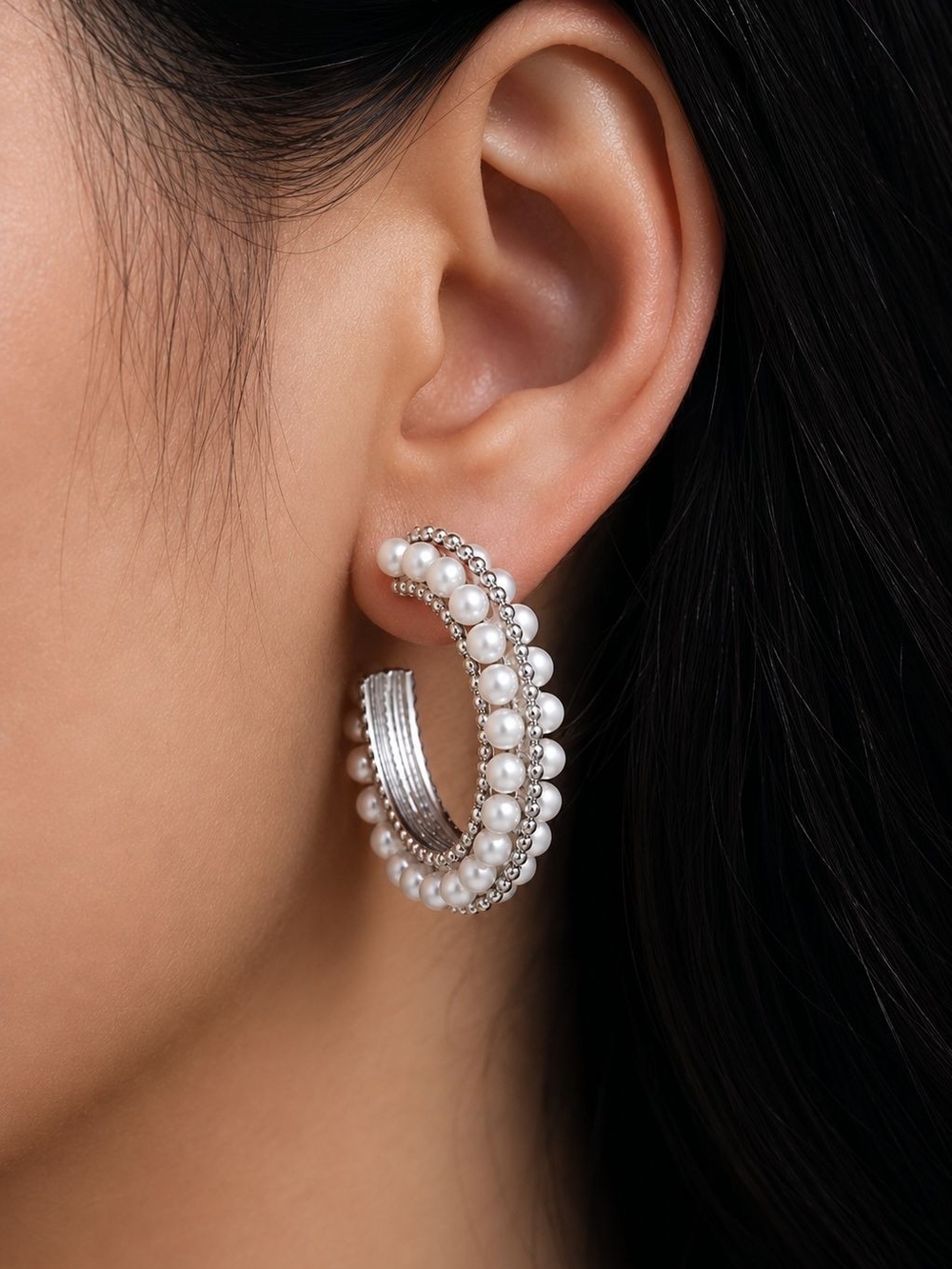 Silver Hoop Earrings with White Pearls